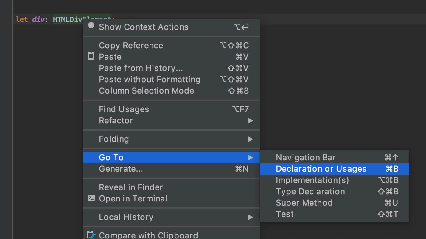 WebStorm go to declaration or usages