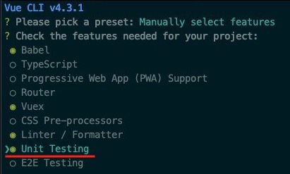 Vue CLI install options unit testing